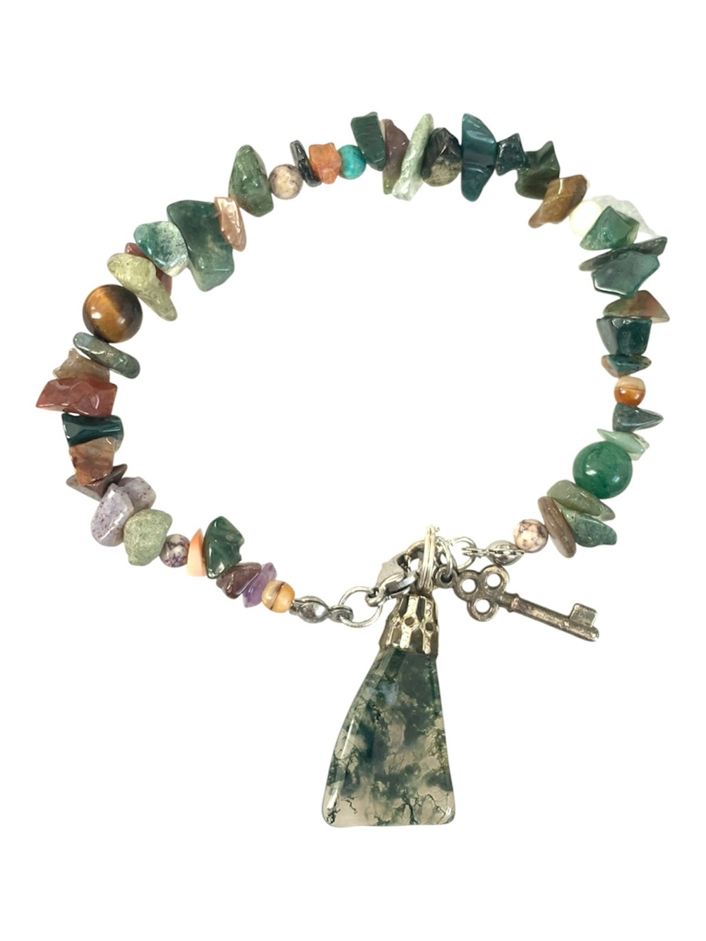 Multicolor Beaded Gemstone Charm Bracelet with Moss Agate Pendant